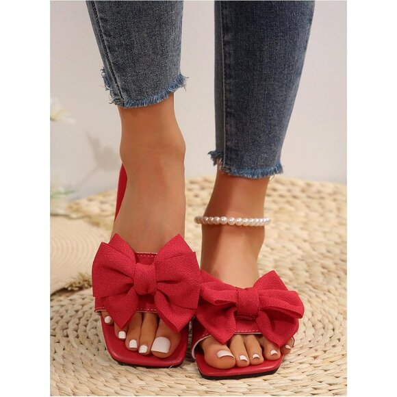 Women's Bow Red Square Toe Flat Summer Sandals Slides Slip On Shoes - Picture 5 of 6